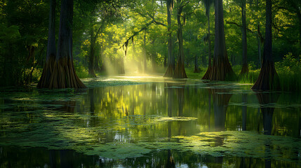 Mystical Tranquil Wetland: A Journey Through the Whispering Waters of a Verdant Swamp Oasis