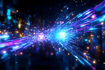 Obraz premium Digital Particles Burst Racing Outward with Glowing Light Trails at High Speed, Filling the Space with Energy and Motion in a Futuristic Abstract Design