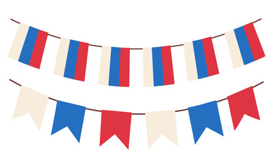 Obraz premium Set of Patriotic bunting Russian flags on the ropes. Russian Federation flags garland. Vector illustration of Russia flag. Template for national holidays and patriotic projects. 