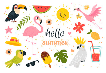 Flamingo summer elements. Tropical birds, flamingos toucan parrot. Seasonal vacation accessories, ice cream sunglasses cocktail, classy vector clipart