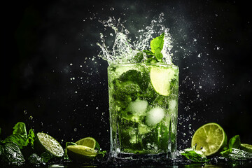 Splashing mojito cocktail with lime and mint leaves