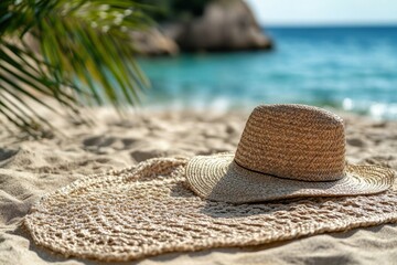 Relaxing beach scene with straw hat on sandy shoreline coastal paradise summer vibes