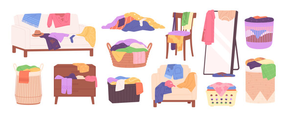 Messy clothes piles. Scattered things on sofa chair, dirty jacket on mirror. Folded stacks on floor, full woven laundry basket, racy vector clipart © LadadikArt