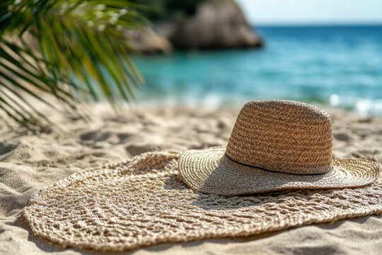 Relaxing beach scene with straw hat on sandy shoreline coastal paradise summer vibes