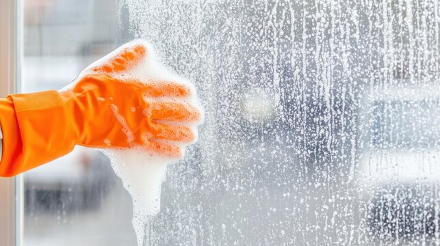 Orange glove clad hand cleaning window glass, creating soapy lather and wiping away dirt for sparkling, streak free transparency