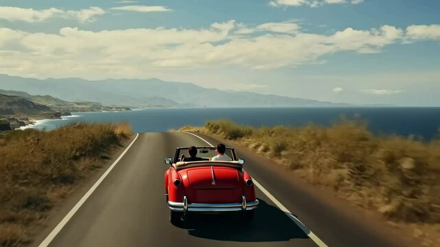 Aerial view of a red convertible driving on a scenic coastal road. The video captures a nostalgic, adventurous vibe with a vintage style.