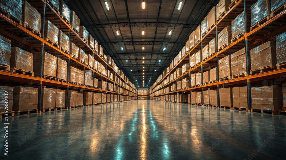 Leinwandbilder Inside a vast warehouse, neatly arranged rows of pallets filled with cargo are illuminated by overhead lights, emphasizing efficient storage and distribution practices at this logistics center.