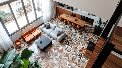 Aerial shot of creative apartment featuring modern decor and patterned floor elements