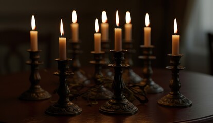 Lit candles on ornate candlesticks, in a dimly lit room,