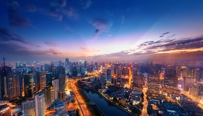 Fototapeta premium Behold enchantment of a twilight cityscape, where radiant luminescence of streetlights and windows dances upon glistening pavements, conjuring a mesmerizing and amorous tableau