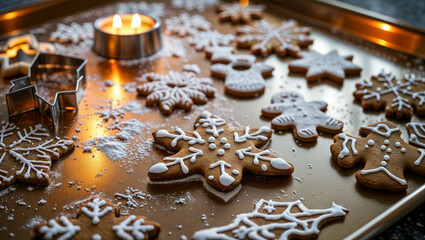 A Christmas-themed baking sheet with festive embossed patterns, including snowflakes and gingerbread shapes. The surface has a subtle metallic shimmer, reflecting warm candlelight