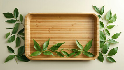 A biodegradable bamboo fiber baking tray with a smooth, matte finish and light wood tones. The eco-conscious design is highlighted by fresh green leaves and a soft, natural color palette.