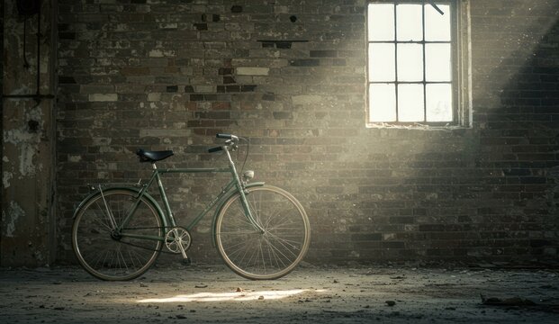 Vintage bicycle leaning against a brick wall in an abandoned warehouse,