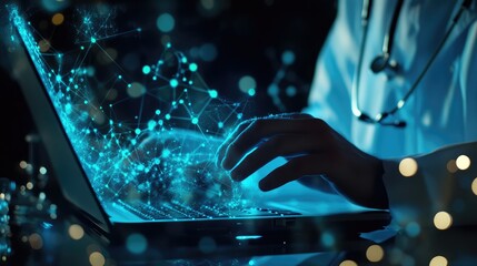 A medical professional in a white lab coat and face mask is seated at a desk, using a laptop.