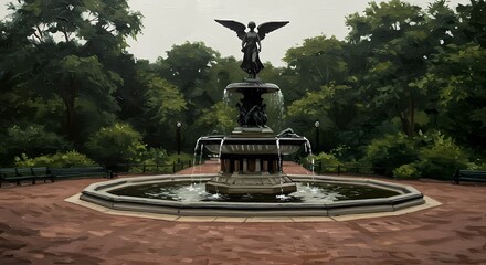 Fototapeta premium A painting-like image of the Bethesda Fountain in Central Park, New York. The fountain features an angel statue at the top, with water flowing into a circular pool. Park benches are visible on either 