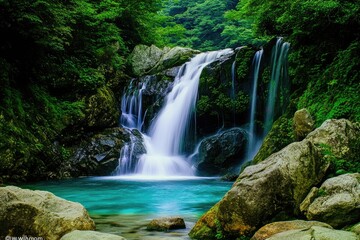 Obraz premium Serene waterfall cascading into a vibrant turquoise pool, nestled within lush green foliage