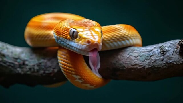 A snake coiled on a tree branch. Smooth repeating motion for background video animation.