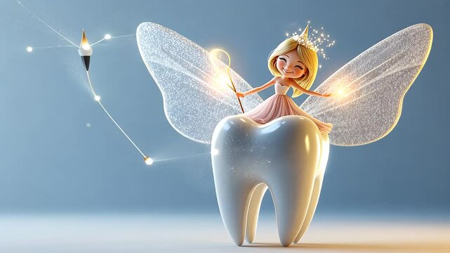 A graceful ethereal tooth fairy with glowing wand and magical sparks