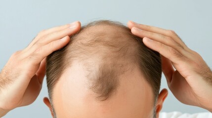Fototapeta premium Man experiencing hair loss, touching his thinning hair with his hands, against a light blue background, highlighting the issue of baldness and hair care