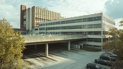 An urban hospital with a multi-level parking garage, glass walls, and modern facilities