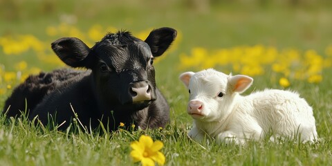 Fototapeta premium Two cows rest side by side on lush green grass, enjoying a peaceful moment in a serene landscape.