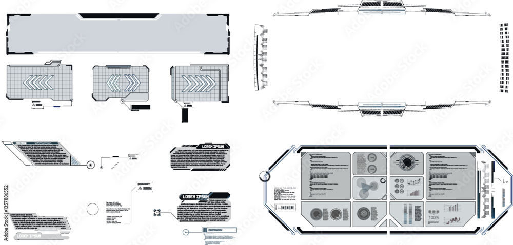Poster futuristic user interface design elements showcase complex data visualization in a sleek, modern lay