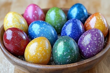 Fototapeta premium Group of vibrant shiny painted Easter eggs arranged on textured abstract purple background with high reflection detail forming glossy spring visual for decorative holiday wallpaper