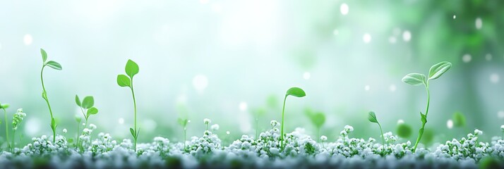 Fototapeta premium An abstract soft green gradient background featuring small plants and delicate white flowers in a serene setting