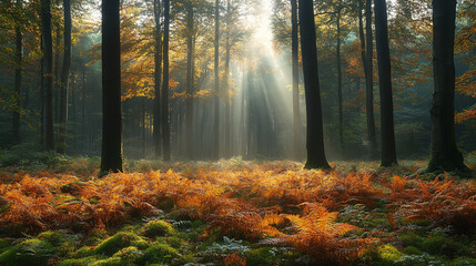 Obraz premium Sunlight filters through trees in a serene forest