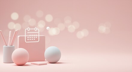 Pink background with a modern calendar icon surrounded by abstract shapes and stationary items conveys a sense of organization and planning, ideal for virtual events and conferences