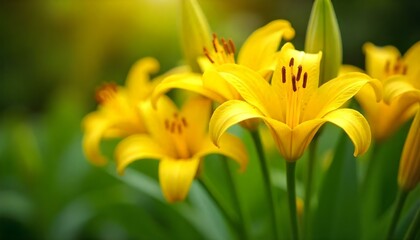 Fototapeta premium Close-up shot of a vibrant garden filled with yellow canna lilies, their petals adorned with delicate brown speckles