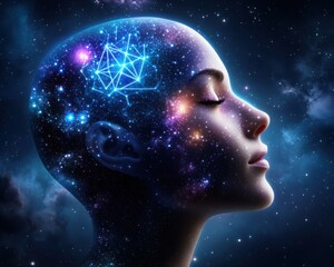 Obraz premium AI and Quantum Meditation, ultra-detailed glowing humanoid with sacred geometry on skin, vibrant spiritual aura radiating across a starry metaverse