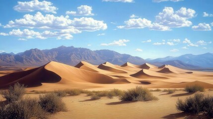 Fototapeta premium A beautiful desert landscape featuring sand dunes and distant mountains