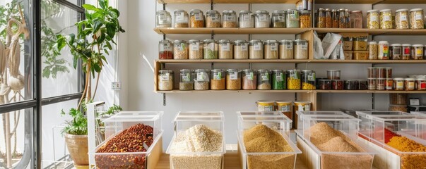 zero-waste shop with neatly arranged bulk food
