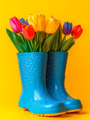 Naklejka premium Bright blue rain boots filled with colorful tulips celebrate the essence of spring against a cheerful yellow backdrop