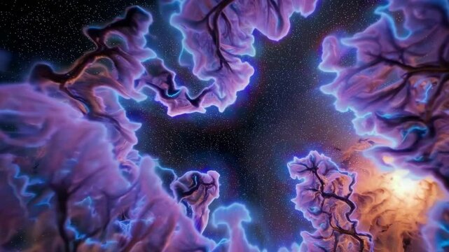 Cosmic nebula glowing around dark space void with electric purple clusters and stars

