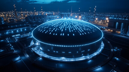 A night shot of the LNG storage tank gleaming like a silver dome under intense illumination, surrounded by precision monitoring devices and digital displays glowing with live data