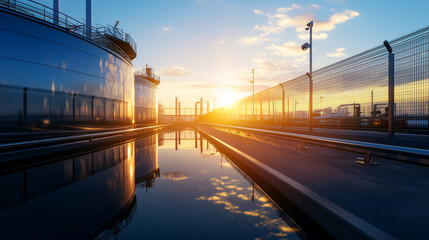 A vast LNG storage facility with towering security fences, infrared cameras, and motion detectors guarding the perimeter, the metallic tank reflecting the sunlight, symbolizing cri