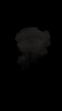 Realistic high resolution aerial explosion rendering with fire and smoke plume. Full frame 3D animation fireball detonation and combustion on black background with alpha channel. Cgi vfx plate shot.