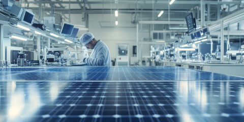 Fototapeta premium person inspecting solar panel in an industrial workspace, subtle grain, soft focus edges