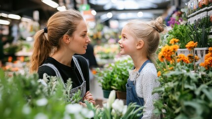 Two girls converse in a vibrant flower shop, surrounded by colorful blooms and arrangements, showcasing a lively atmosphere of friendship and floral beauty.