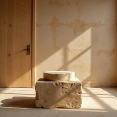 "Elegant Sandstone Cube Pedestal Bathed in Warm Natural Sunlight for Placement Product"