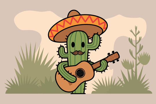 Cactus wearing a sombrero and playing guitar, cinco de mayo concept