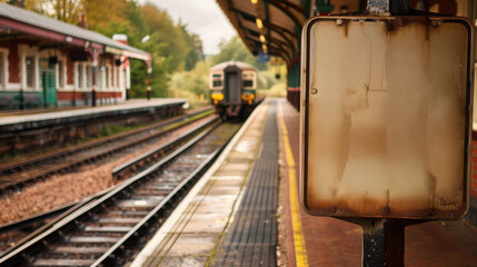 rusted blank sign at an old railway station