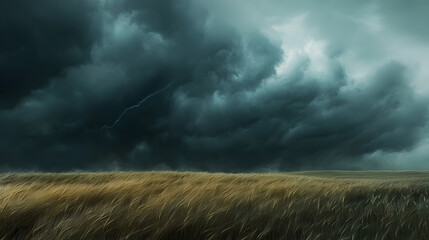 Strong winds blowing across a wheat field as dark clouds form above in an impending thunderstorm.