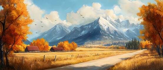 Autumn landscape with mountains and rural scenery