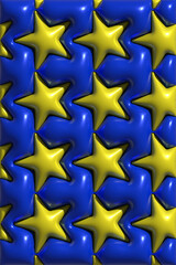 Yellow inflated stars on a blue background, 3D rendering illustration