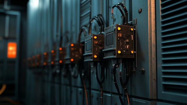 A gritty close-up of a large substation transformer unit, showcasing weathered metal textures, densely packed high-voltage wiring, and oil-filled cooling chambers reflecting ambien