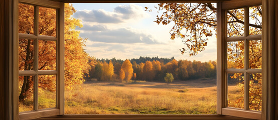 View of autumn landscape through an open window frame