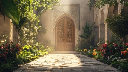 Fototapeta premium Lush courtyard gardens with traditional stone pathways leading to grand wooden mosque doors